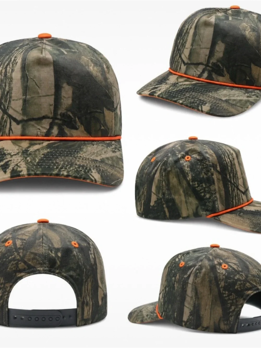 Camo Rope Detail Hunting Cap in Green & Brown with Orange Accents